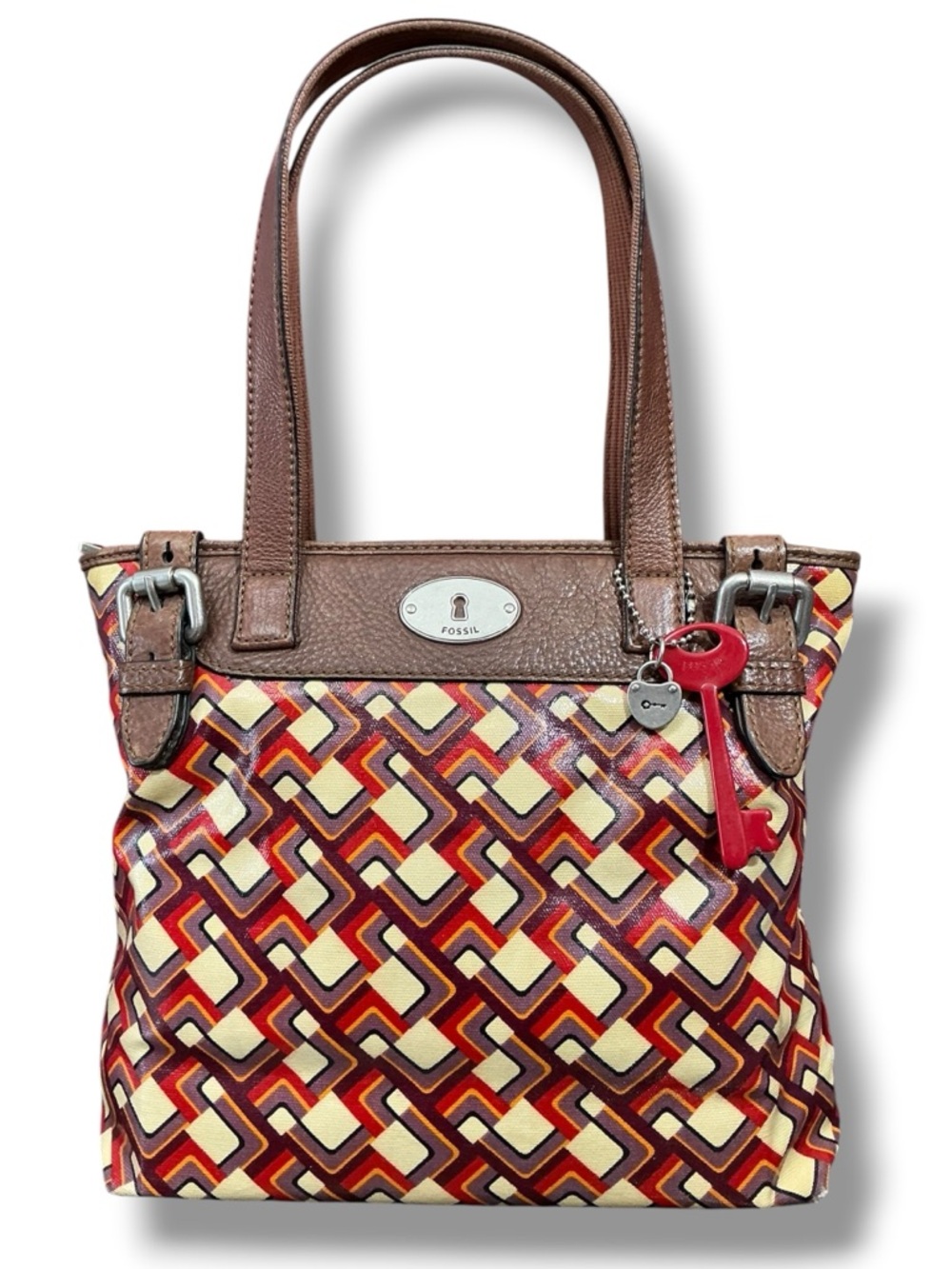 Fossil Brown Canvas & Leather Trim Key-Per Tote with Red and Cream Geo Print